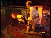 Lucky dwarf explores redhead babe in lingeries sweet ass before fucking her on the floor